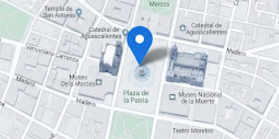 Mapa del centro de Aguascalientes con un marcador azul en la ubicación desde la que opera zertravel