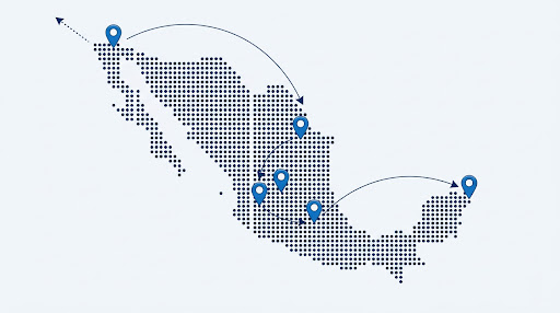 Mapa punteado de México con marcadores en las rutas que cubre zertravel desde Aguascalientes hacia la frontera con Estados Unidos