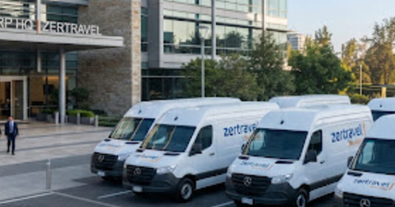 Camionetas Sprinter de zertravel formadas frente a un edificio corporativo para el traslado de personal