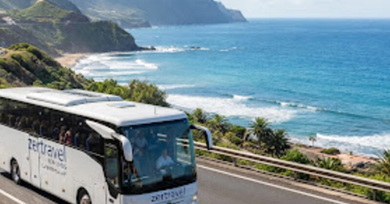 Autobús blanco de zertravel recorriendo una carretera costera durante una excursión turística